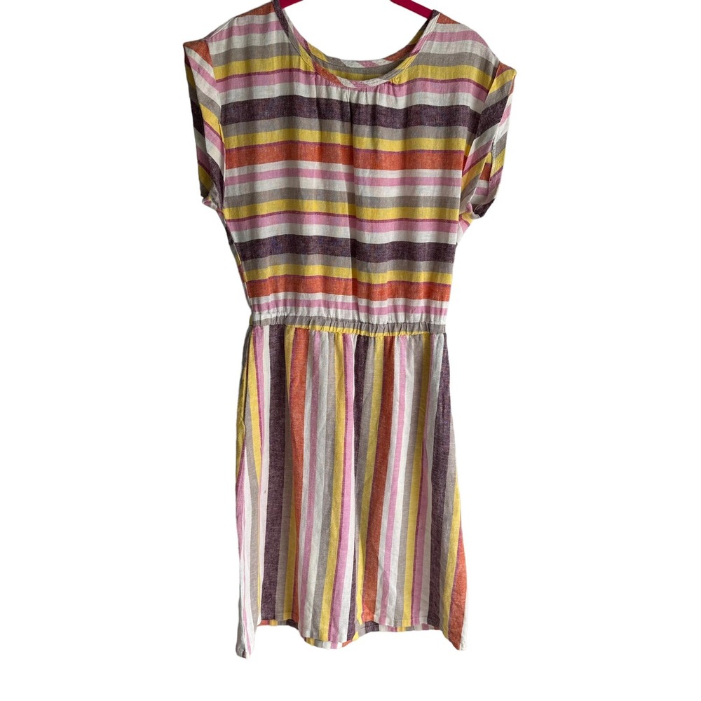 CASLON Multicolor Short Sleeve‎ Striped Ladies Linen Blend Pullover Dress, XS